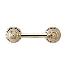 a gold and white toilet paper holder on a white background, with two round knobs