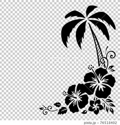 a black and white silhouette of a palm tree with flowers on the bottom, against a transparent background