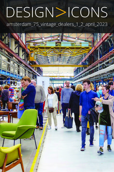 a group of people walking through a warehouse filled with lots of chairs and tables next to each other