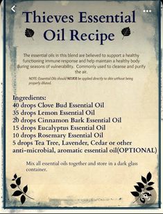 Thieves Essential Oil Recipe, Thieves Oil Recipe, Thieves Oil, Thieves Essential Oil, Essential Oil Diffuser Blends Recipes, Essential Oils Guide, Essential Oils Herbs, Essential Oils Health, Essential Oil Diffuser Recipes