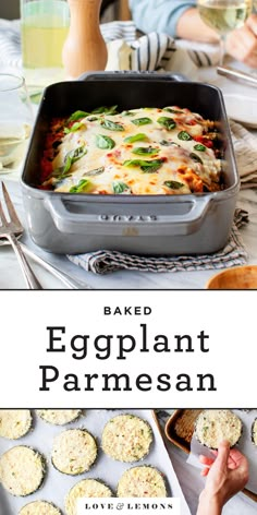 baked eggplant parmesan casserole in a baking pan on a table