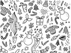 black and white christmas doodles with snowman, presents, trees, gifts