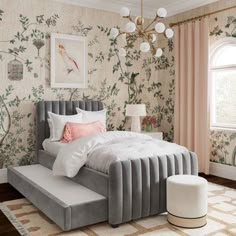 a bedroom with floral wallpaper and a large bed