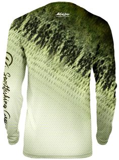 the back of a green and white long sleeved shirt with black writing on it