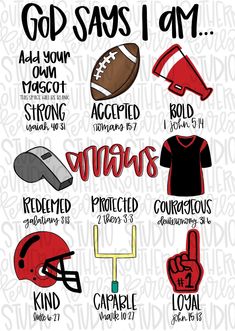 a poster with different sports related items and words in red, black and white colors