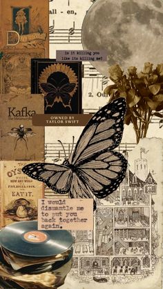 a collage of old music and butterflies