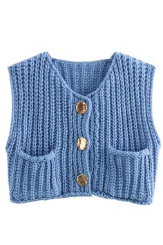 a blue knitted sweater with buttons on it