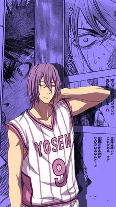 an anime character with purple hair wearing a basketball uniform and holding his arm behind his head