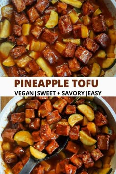 pineapple tofu in a white bowl with spoons