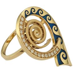 This S.Georgios designer Greek Key ring is handmade from solid 18 Karat Yellow Gold and is carved in a unique Greek Key design to form a beautiful spiral shape. This stunning ring features 17 brilliant-cut White Diamonds total weight of 0.27 Carat and is finished with a unique Blue Enamel inlay workmanship creating a striking wave pattern. We also make this gorgeous ring in White and Rose Gold, and with different color Enamel and stone selections, please contact us. This beautiful band is handmade in our workshop Kouzoupis SA in Athens Greece and is of outstanding quality, workmanship, and stone selection. Height: 32.00 mm Width: 22.0 mm Weight: 8.0 grams Size: 7 1/2 (can be custom made to fit) For a full selection of our jewelry please visit our storefront here on 1stDibs – Georgios Colle Ladies Gold Rings, Spiral Shape, Hot Jewelry, Key Design, Greek Key, Wave Pattern, Diamond White, Key Ring, Key Rings