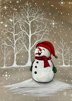 a painting of a snowman wearing a red hat and scarf with trees in the background