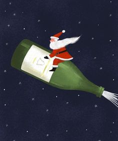 an illustration of santa claus on top of a wine bottle flying through the night sky