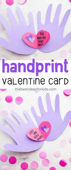 two handprint valentine cards with pink and purple paper on them, one has a heart in the middle