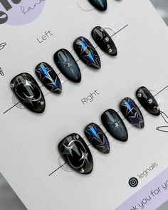 @legnails Black And Blue Chrome Nails, Nails With Gel Designs, Nail Art Inspo 2024, Skz Nails Idea 5 Star, Tokyo Nails Design, Xg Nails Inspired, Black And Blue Aura Nails, Index Design Ideas, Svt Inspired Nails