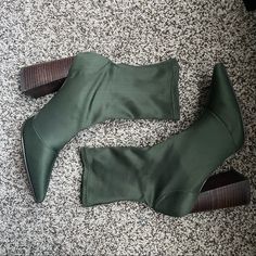 Olive / Emerald Green Block Heel Calf Boots. Pointed Toe, Synthetic Sock No Flaws Green Heels For Workwear In Fall, Green Pointed Toe Heeled Boots For Winter, Green Ankle Boot Heels For Winter, Green High Heel Boots For Fall, Green Block Heel Boots For Fall, Green Ankle-high Heeled Boots For Spring, Green Pointed Toe Heeled Boots With Reinforced Heel, Fall Green Heeled Boots With Reinforced Heel, Green Round Toe Heels For Fall