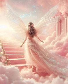 a fairy with wings standing on stairs in the clouds