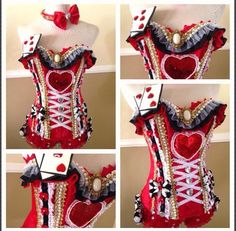 four pictures of a red and white corset with hearts on the chest, bow tie around the waist