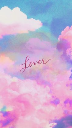 the word love is written in pink and blue clouds