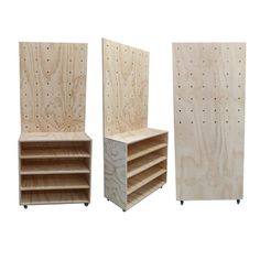 three different types of wooden shelves on wheels