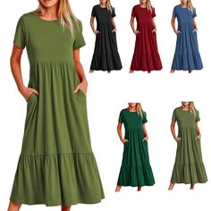 Women's 2023 Summer Casual Short Sleeve Crewneck Swing Dress Casual Flowy Tiered Maxi Beach Dress With Pockets Product Details Size: Large Color: Light Green Brand: No Brand Mpn: Does Not Apply Upc: Does Not Apply Ean: Does Not Apply * Department : Womens * Date First Available : March 16, 2023 Dress Up A T Shirt, Gaun Koktail, Casual Elegant Style, Flowy Dress Long, Pocket Maxi Dress, Simply Dress, Green Maxi Dress, Gaun Fashion, Long Beach Dress