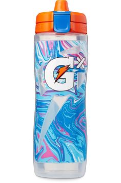 the gatorade water bottle has an orange lid and blue swirl design on it