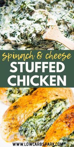 spinach and cheese stuffed chicken in a pan with text overlay that reads spinach and cheese stuffed chicken