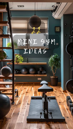 a gym with lots of exercise equipment and plants