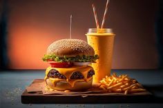 a cheeseburger with fries and a drink sitting on a cutting board next to it