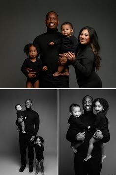 a family poses in black and white for their portrait session with the photographer's daughter