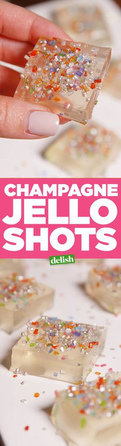 a person is holding up some confetti in front of the camera and text that reads champagne jello shots