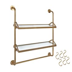 two glass shelves are shown with brass handles