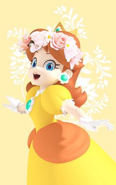 an animated princess with flowers on her head and hands out to the side, in front of a yellow background