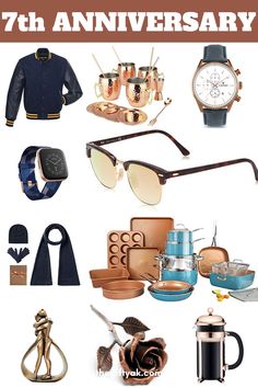 an advertisement for the 7th anniversary party with various items including sunglasses, watch and other accessories