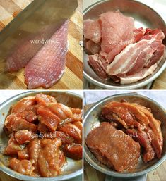 four pictures showing different stages of cooking meat