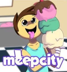 a cartoon character holding an ice cream cone with the words metecity on it