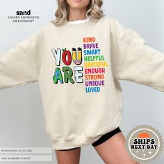 The Boho Boutiques Award-Winning teacher sweatshirt is perfect for any occasion. Our handcrafted you are kind, sweatshirt, teacher sweatshirt, you are enough, be kind sweatshirt, anxiety sweatshirt, positive sweatshirt, school sweatshirt, kindness sweatshirt, teacher gifts, you matter hoodie, teacher hoodie, kindergarten teacher designs are printed on the softest material with the highest quality eco-friendly ink available! We believe in only selling items using ink that is not only safe for the Kindness Sweatshirt, Teacher Sweater, School Sweatshirts, Teacher Sweatshirt, Hoodie Cute, Teacher Design, Boho Boutique, Kindergarten Teacher, Overland Park