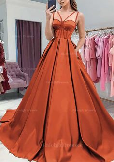 A Line Sweetheart Sleeveless Satin Sweep Train Prom Dress With Pockets Prom Dress With Pockets, Sweep Train Prom Dress, Prom Dresses With Pockets, Corset Dress Prom, Unique Prom Dresses, Orange Aesthetic, Grad Dresses, Linnet, Wedding Bridesmaid Dresses