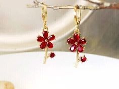 3.00CT Simulated Red Ruby Drop/Dangle Flower Earrings 14K Yellow Gold Finish Red Jewelry With Matching Earrings For Mother's Day, Elegant Red Drop Flower Earrings, Red Elegant Drop Flower Earrings, Red Flower Earrings For Pierced Ears, Elegant Red Flower Earrings With Ear Wire, Red Earrings With Flower Charm For Gift, Red Dangle Earrings With Flower Charm, Elegant Red Flower Earrings For Anniversary, Red Flower Earrings For Mother's Day Gift