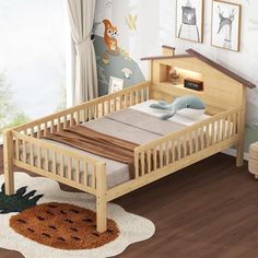 a small wooden bed in a child's room