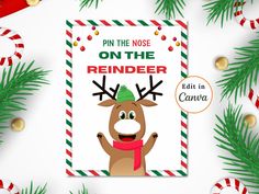 a reindeer with a hat and scarf on is surrounded by candy canes