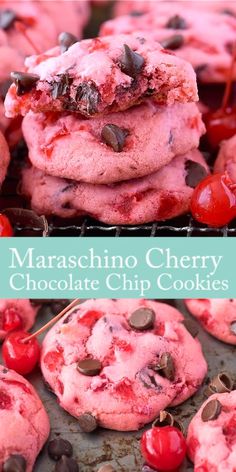 strawberry chocolate chip cookies stacked on top of each other with cherries and chocolate chips