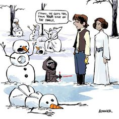 a star wars cartoon with two people standing next to a snowman and another person