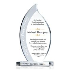 an award is shown with the words michael thompson on it's glass plaque holder