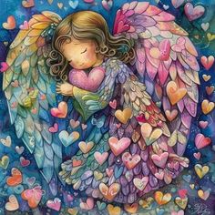 a painting of an angel surrounded by hearts