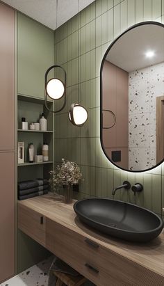 a bathroom with a sink, mirror and shelves on the wall next to each other