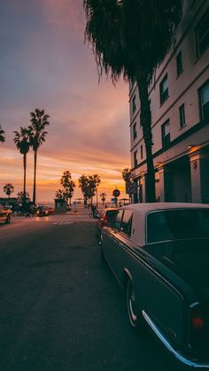 cars are parked on the street in front of palm trees and buildings at sunset or dawn