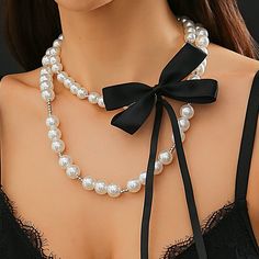 Sku CY-!124619 Material Faux Pearls Feature Handmade Occasion Vintage, Punk Type Necklaces Accessories Color Same As Picture Bow Choker, Pearl Bag, Bow Necklace, Black Bead Necklace, Choker Necklace Set, Fabric Bows, Chain Choker Necklace, Girly Jewelry, Pearl Chain