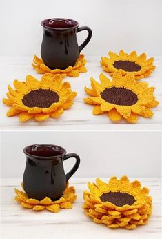 crocheted sunflower coasters are shown in three different views, one is brown and the other is yellow