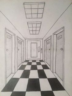 a drawing of an empty hallway with checkered floor