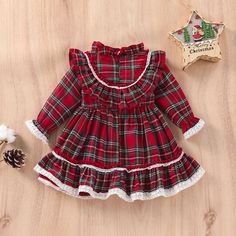 The perfect lace plaid dress for your little princess who loves to go extra on special occasions! The ruffle details are so elegant and stylish making your little one a head turner among a crowd! Puff Dress, Girls Christmas Dresses, Short Playsuit, Childrens Dress, Vestidos Vintage, Red Tartan, Vestido Casual